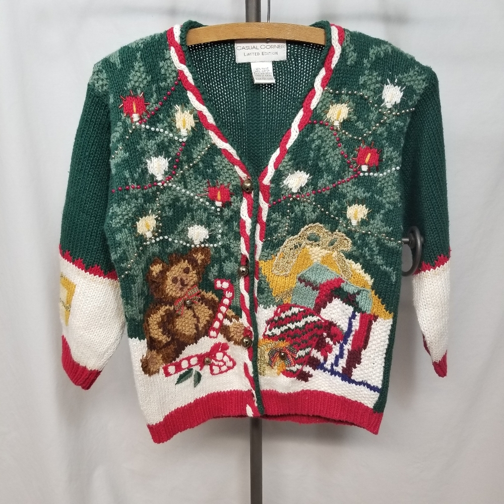 Casual Corner VTG Green Girl's Limited Edition Christmas Cardiagan Sweater Large